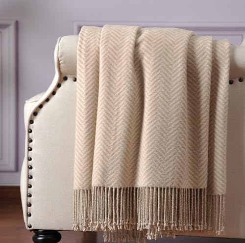 CUDDLE DREAMS Silk Throw Blanket with Hand-Knotted Fringe, Natural, Soft & Breathable (Herringbone-Taupe) - Image 1