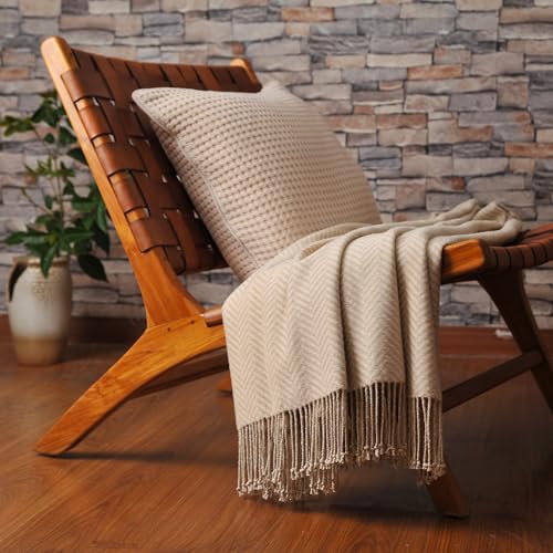 CUDDLE DREAMS Silk Throw Blanket with Hand-Knotted Fringe, Natural, Soft & Breathable (Herringbone-Taupe) - Image 3