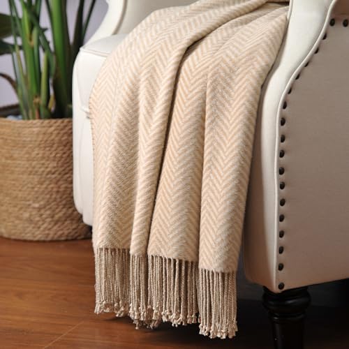 CUDDLE DREAMS Silk Throw Blanket with Hand-Knotted Fringe, Natural, Soft & Breathable (Herringbone-Taupe) - Image 2