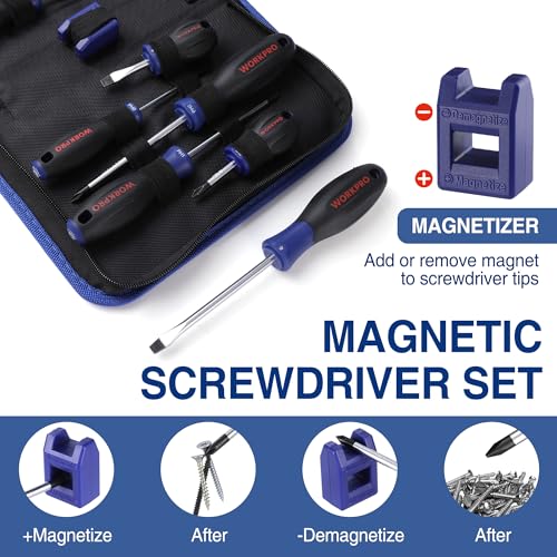 WORKPRO 10-Piece Magnetic Screwdriver Set with Pouch, Phillips, Slotted, Flat Head Screwdriver Include Magnetizer, Screwdriver with Non-Slip Grip, for Home Repair and DIY Projects - Image 4