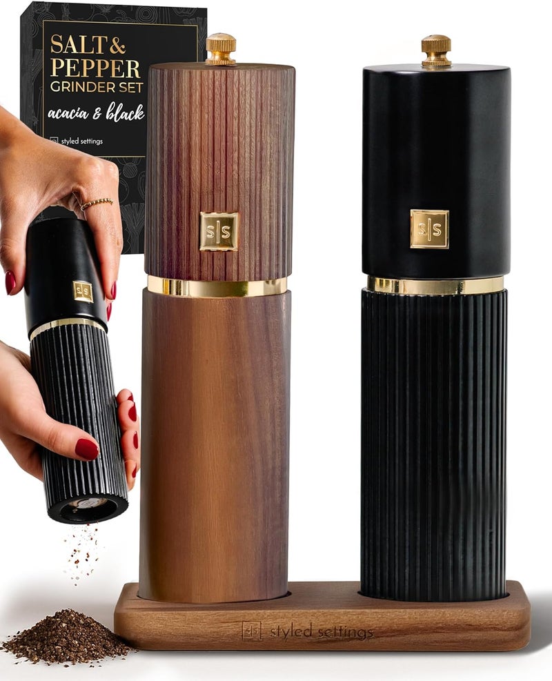 styled settings Wooden Salt and Pepper Grinder Set – Refillable Manual Salt and Pepper Mills with Adjustable Ceramic Burrs, Gold Detailing, and Acacia Wood Stand – Ideal Kitchen Gift - Image 1