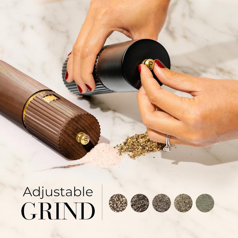 styled settings Wooden Salt and Pepper Grinder Set – Refillable Manual Salt and Pepper Mills with Adjustable Ceramic Burrs, Gold Detailing, and Acacia Wood Stand – Ideal Kitchen Gift - Image 2
