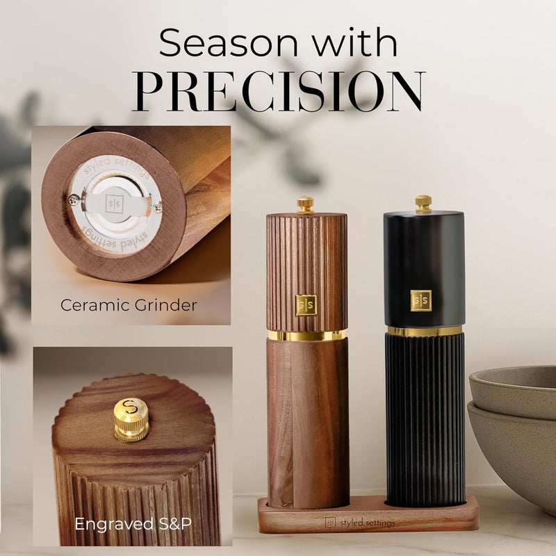 styled settings Wooden Salt and Pepper Grinder Set – Refillable Manual Salt and Pepper Mills with Adjustable Ceramic Burrs, Gold Detailing, and Acacia Wood Stand – Ideal Kitchen Gift - Image 3