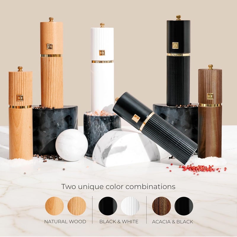 styled settings Wooden Salt and Pepper Grinder Set – Refillable Manual Salt and Pepper Mills with Adjustable Ceramic Burrs, Gold Detailing, and Acacia Wood Stand – Ideal Kitchen Gift - Image 4