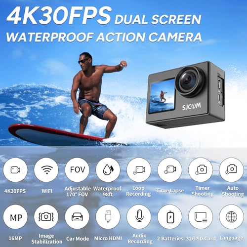 SJCAM SJ4000 4K 16MP WiFi Action Camera Ultra HD Dual Screen 30M Underwater Camera 170° Wide-Angle Waterproof Sports Cam with 2X 900 mAh Batteries, Charger, 32GB SD Card and Accessories Kits - Image 3