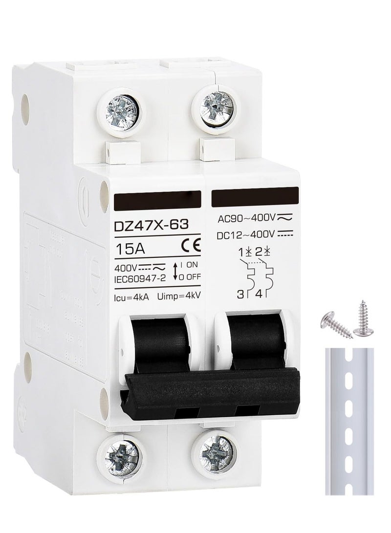 15A Miniature Circuit Breaker for DC Solar, 12-400V, DIN Rail Mount, Universal AC/DC Disconnect Switch  - Image 1