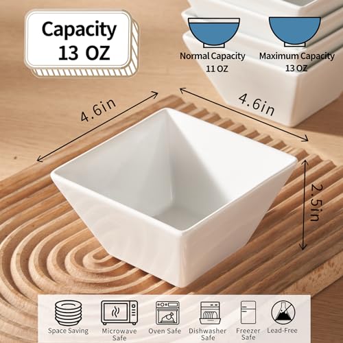 Meideal Porcelain Small Serving Bowls Set of 6, 13 Oz Square Cereal Bowls, 4.6" White Ceramic Dessert Bowls for Salad, Dip, Soup, Snack, Fruits, Small Portions, Dishwasher & Microwave Safe - Image 2