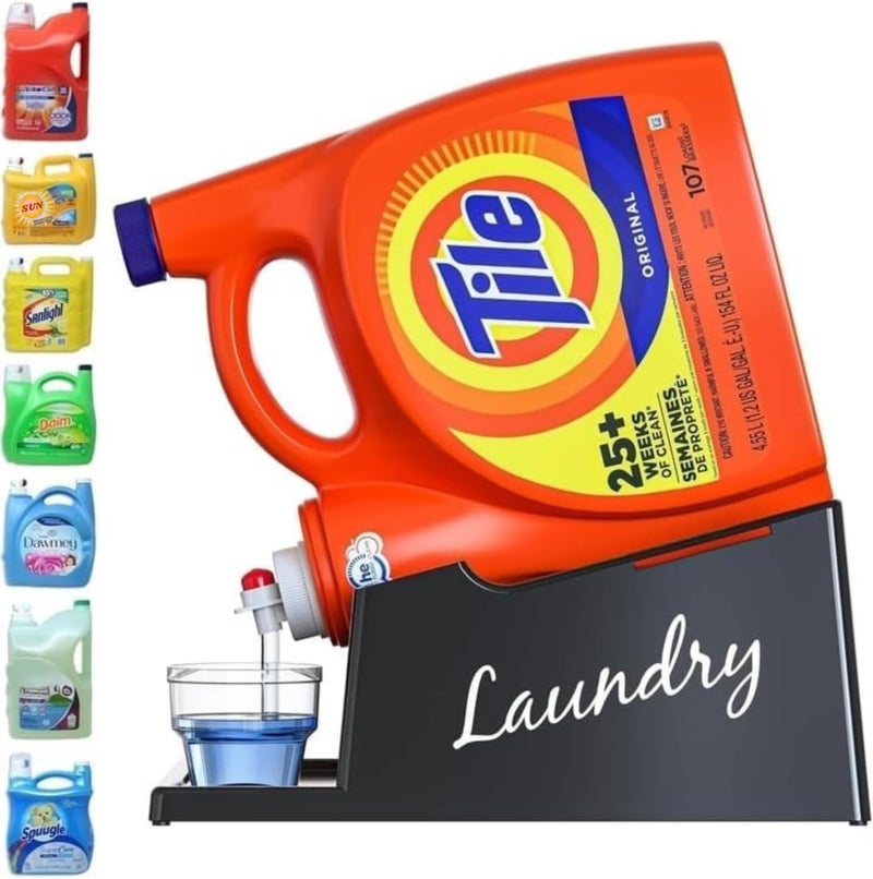 Skywin TidyFriend Liquid Laundry Detergent Holder Stand with Drip Tray & Rubber-Grip Feet, Stand for Laundry Room Organization and Storage, Fabric Softener Dispenser with Cup Holder (Black with Print) - Image 1