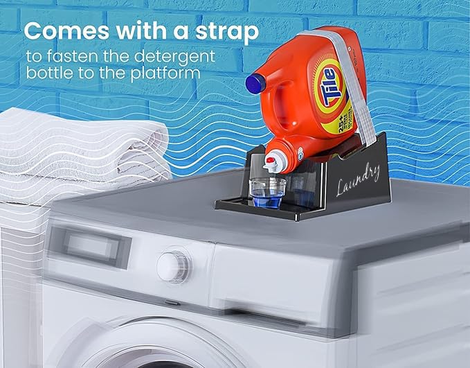 Skywin TidyFriend Liquid Laundry Detergent Holder Stand with Drip Tray & Rubber-Grip Feet, Stand for Laundry Room Organization and Storage, Fabric Softener Dispenser with Cup Holder (Black with Print) - Image 2
