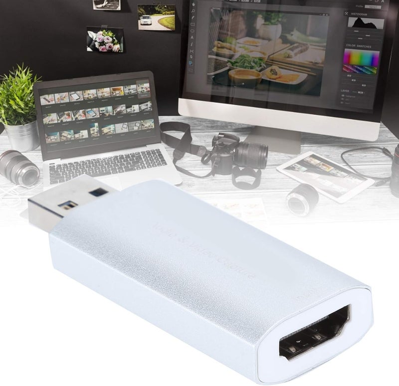 226 بطاقة تسجيل الصوت والفيديو عالي الدقة، بطاقة تحويل HDMI إلى USB للبث والتسجيل، جهاز تسجيل فيديو HD سهل الاستخدام مع هيكل من سبيكة الألومنيوم للكمبيوتر (الفضي) - Image 1