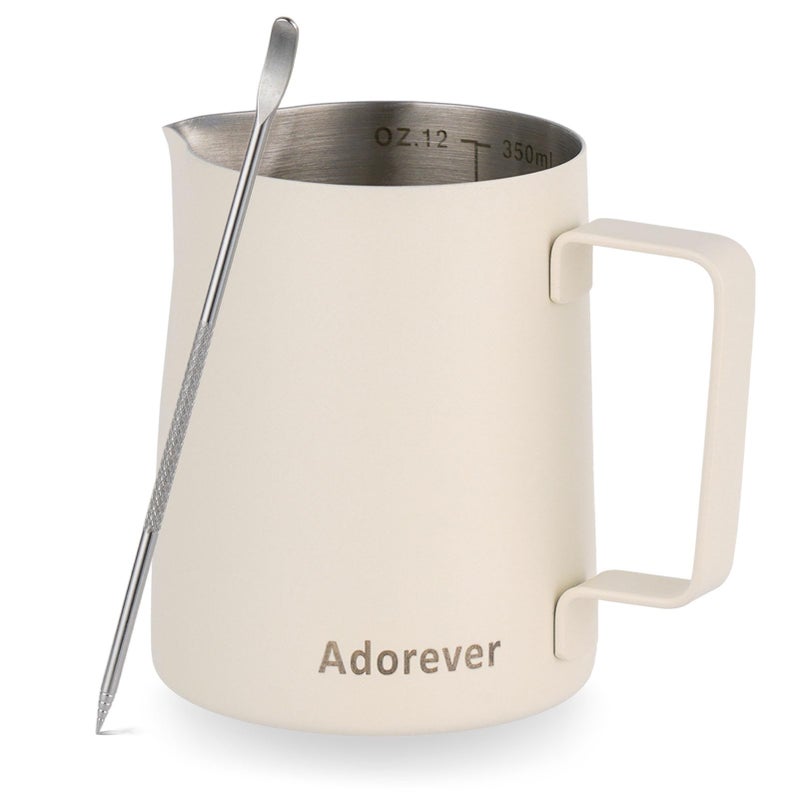Adorever Milk Frothing Pitcher 350ml12oz Steaming Pitchers Stainless Steel Milk Coffee Cappuccino Latte Art Barista Steam Pitchers Milk Jug Cup with Decorating Art Pen Matte White