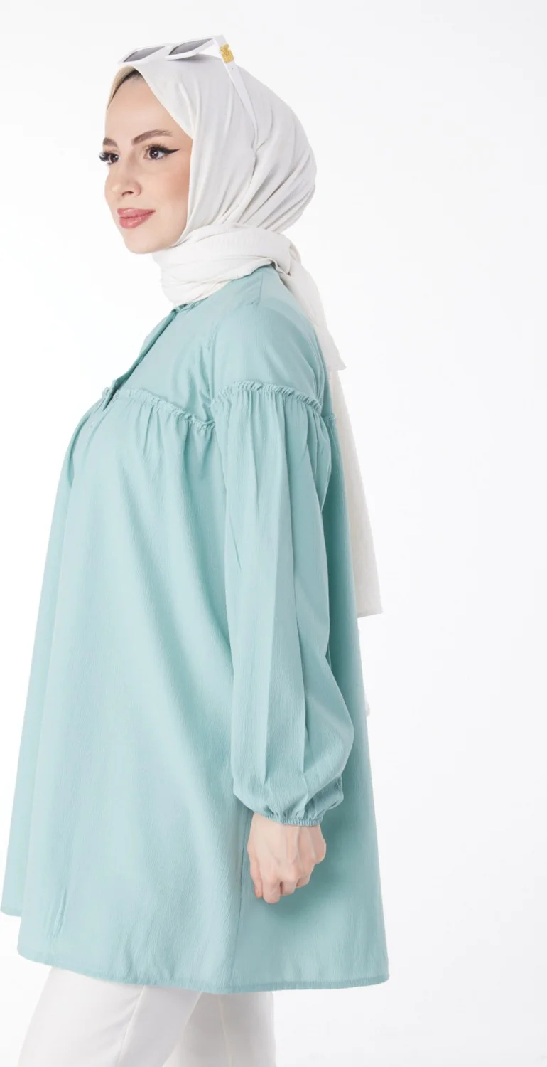 Tofisa Plain Judge Collar Women's Green Gathered Shirt - 13136