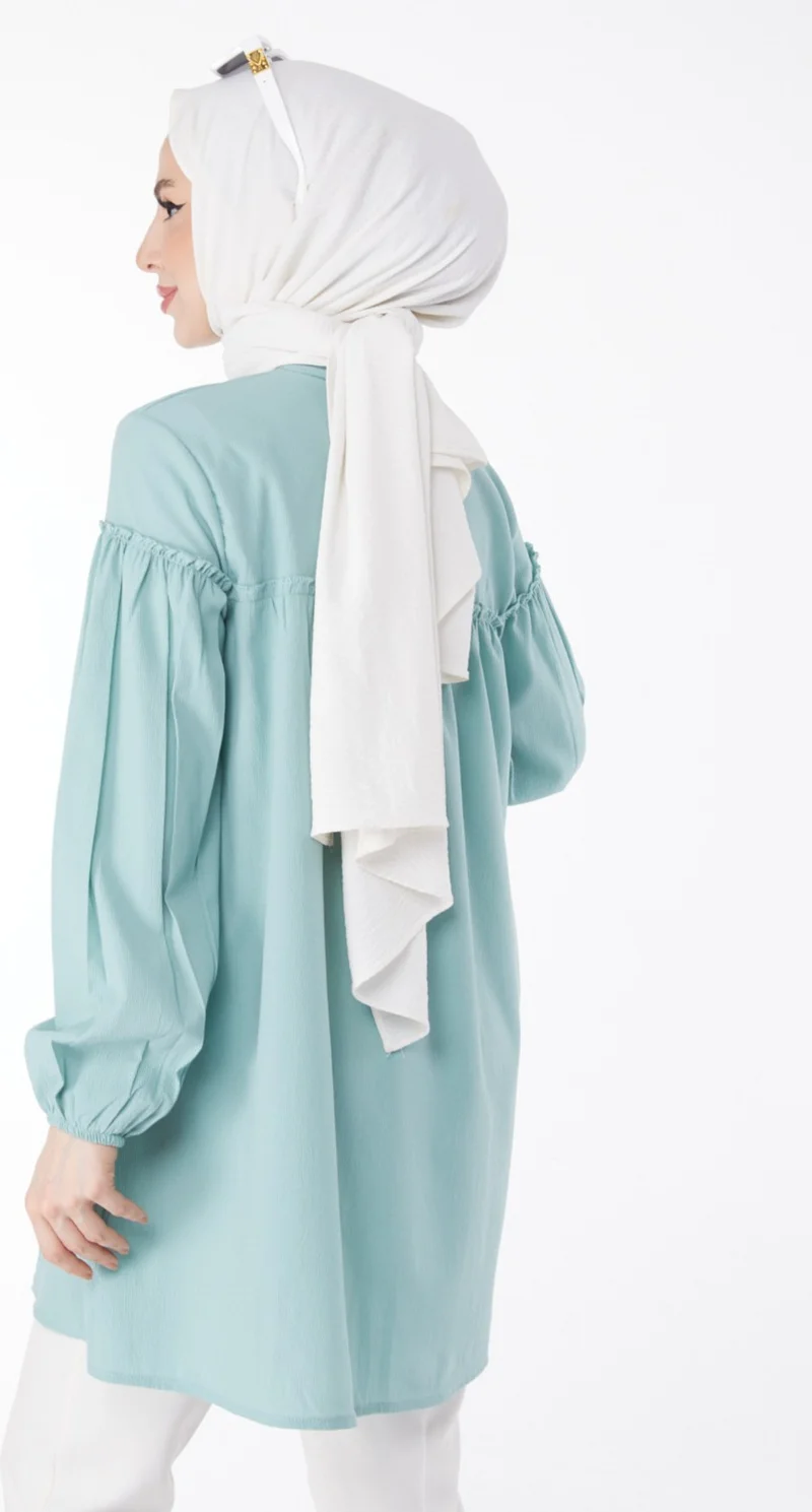 Tofisa Plain Judge Collar Women's Green Gathered Shirt - 13136