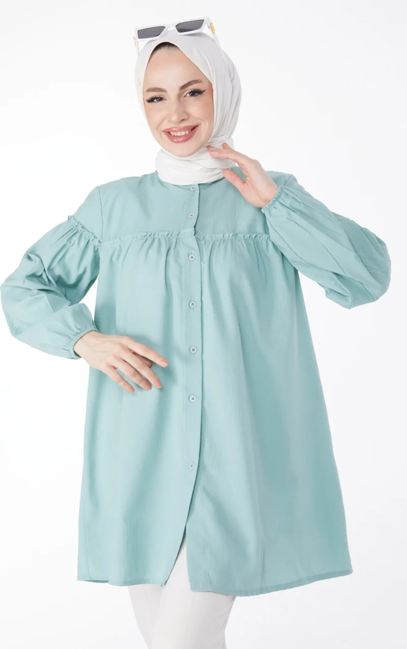 Tofisa Plain Judge Collar Women's Green Gathered Shirt - 13136
