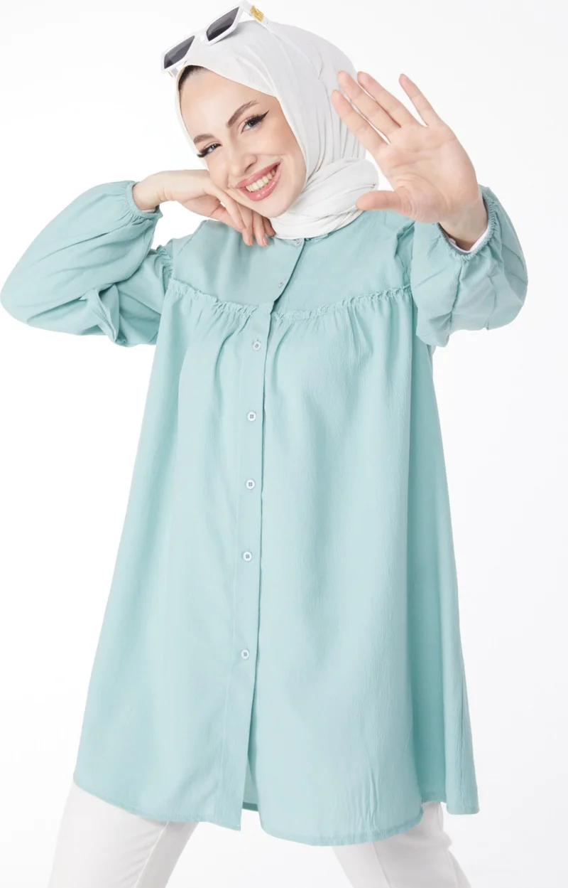 Tofisa Plain Judge Collar Women's Green Gathered Shirt - 13136
