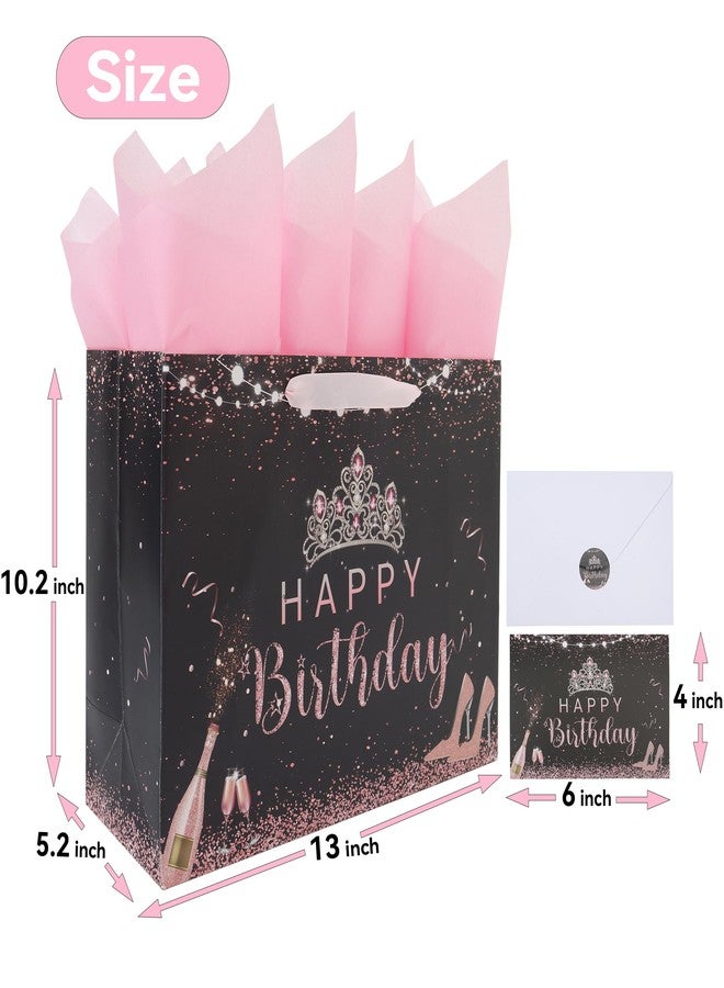 wishinside 13” Large Black Birthday Gift Bag Set with Handles, Greeting Card, Pink Tissue Papers and Stickers for Girls Women Kids Teens, Tiara Design, 1 Pcs - Image 2