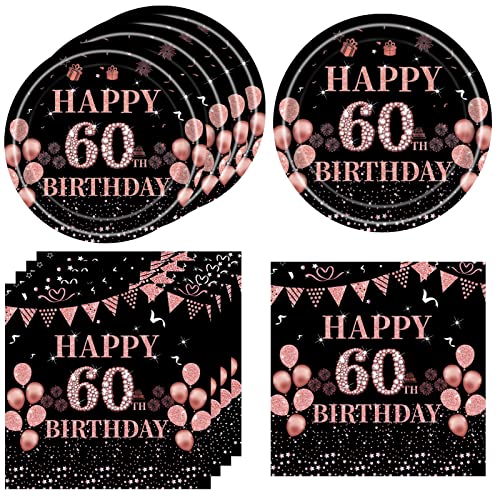 KHAIVI 40Pcs 60th Birthday Decorations for Women Vintage Black Rose Gold 1966 60 Years Old Birthday Supplies Include 60th Birthday Plates and Napkins Set 7Dessert Plates and Napkins for Gifts Women - Image 1