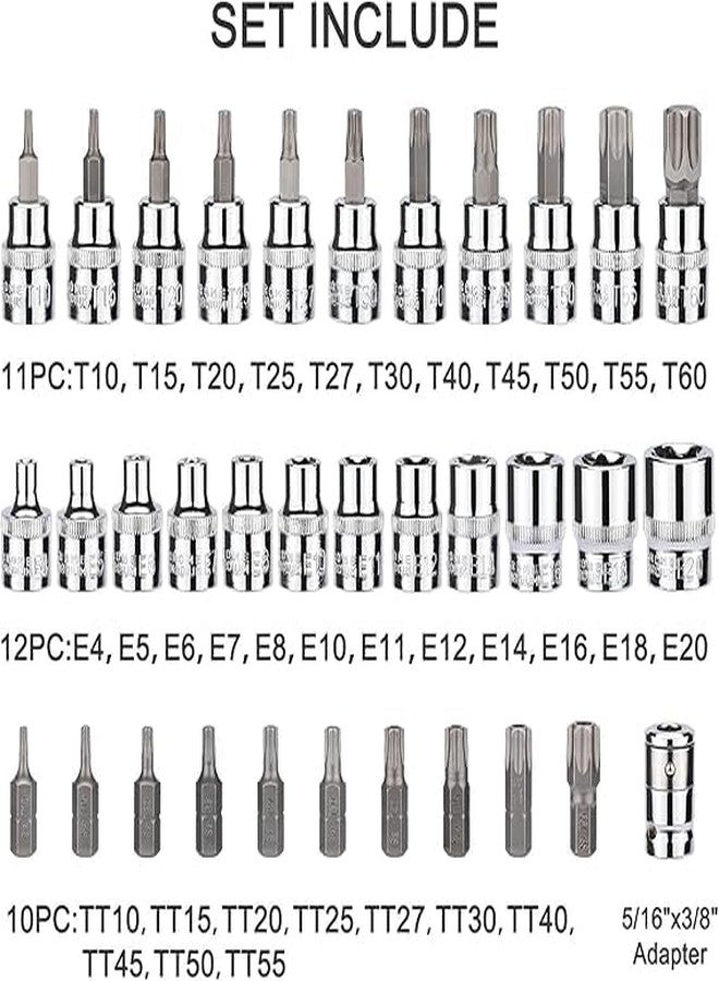 Artnery Drive Torx Bit Socket Set - Cr-V E, S2, Tamper Proof, 5/16"F to 3/8"M Adapter, 34 Pieces - Image 2