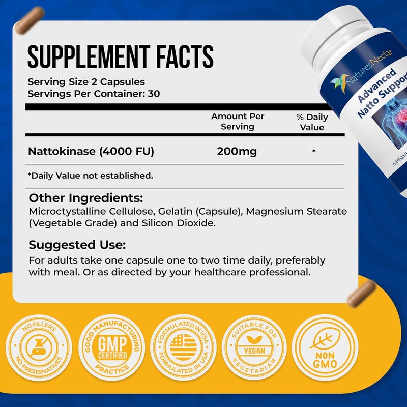 Natures Nectar Organic Nattokinase supplement 200mg  Double Strength Nattokinase 4000 fu Natural Blood Thinner Supports Cardiovascular  Blood Circulation Health  Non GMO  Gluten Free 90 Capsules - Image 2