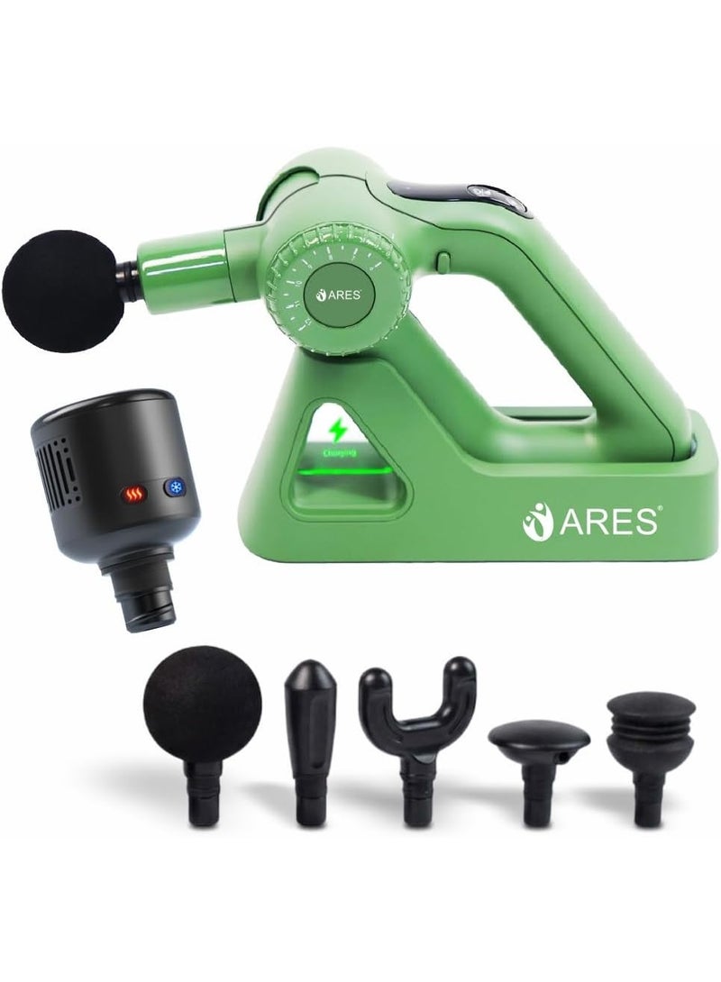 ARES uThera Gun Massager, 5 Speeds, 6 Interchangeable Heads, Hot & Cold Head, Adjustable Amplitude, Battery Powered, for Back and Muscle Recovery