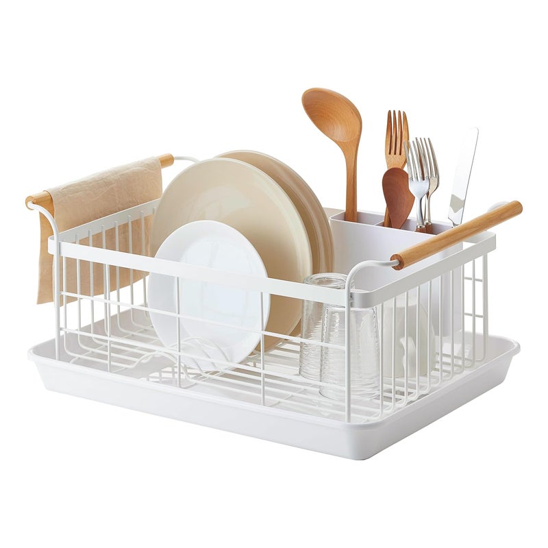 YAMAZAKI Home Dish Drying Rack â€“ Modern White Dish Rack for Kitchen Counter with Removable Drainer Tray and Cutlery Holder, Steel + Wood Dish Drying Organizer - Steel + Wood - - Image 1