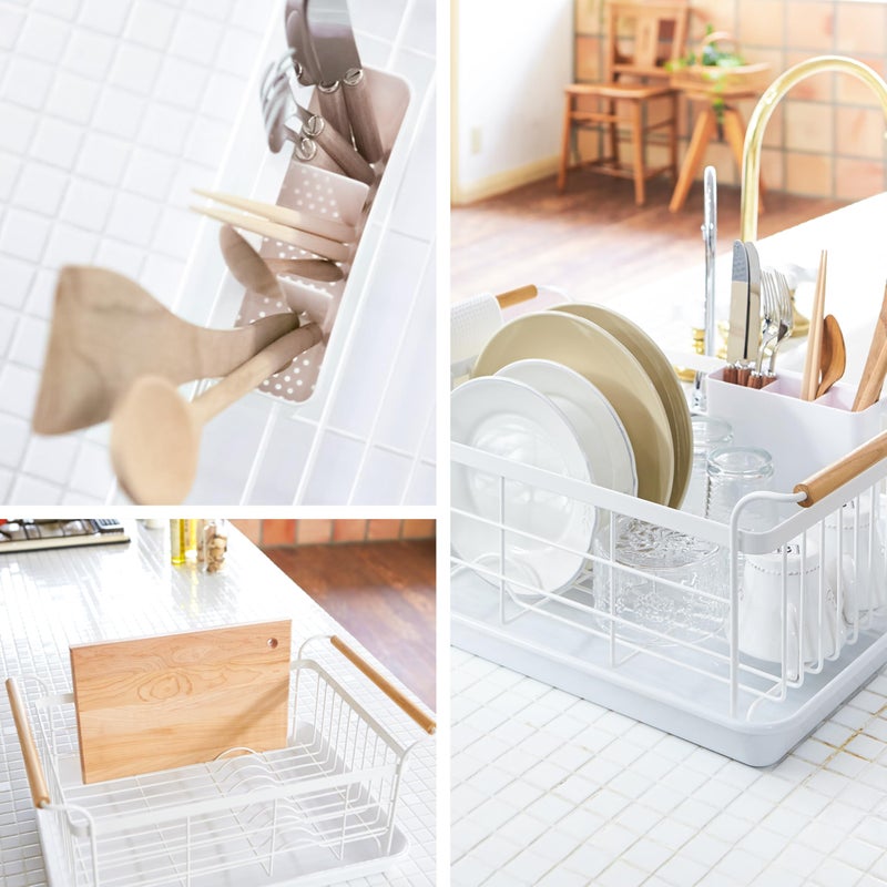 YAMAZAKI Home Dish Drying Rack â€“ Modern White Dish Rack for Kitchen Counter with Removable Drainer Tray and Cutlery Holder, Steel + Wood Dish Drying Organizer - Steel + Wood - - Image 4