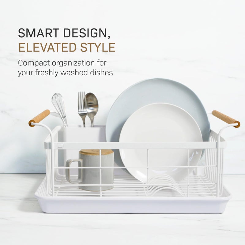 YAMAZAKI Home Dish Drying Rack â€“ Modern White Dish Rack for Kitchen Counter with Removable Drainer Tray and Cutlery Holder, Steel + Wood Dish Drying Organizer - Steel + Wood - - Image 2