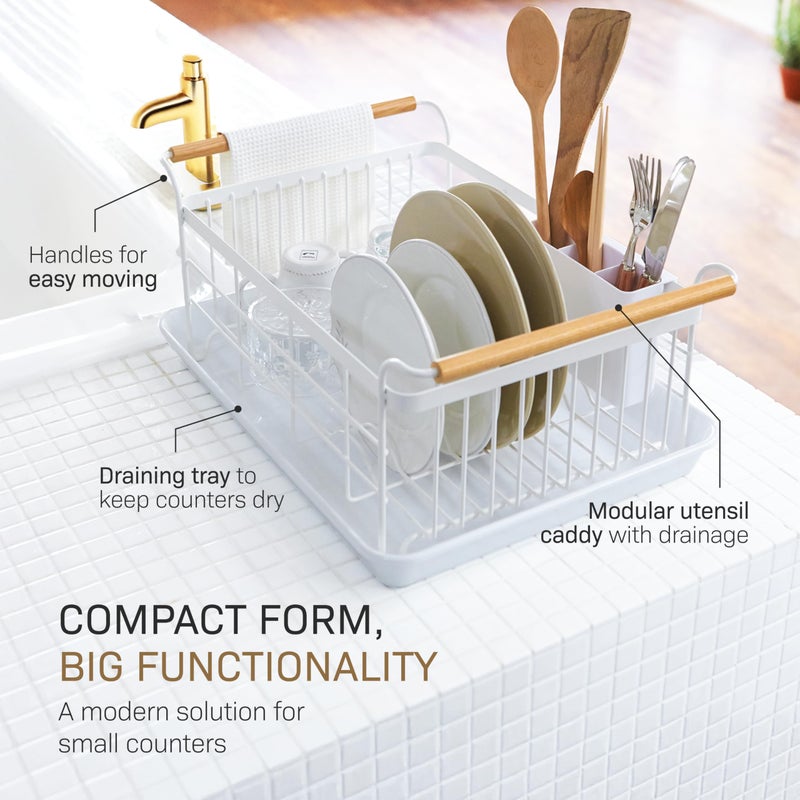 YAMAZAKI Home Dish Drying Rack â€“ Modern White Dish Rack for Kitchen Counter with Removable Drainer Tray and Cutlery Holder, Steel + Wood Dish Drying Organizer - Steel + Wood - - Image 3