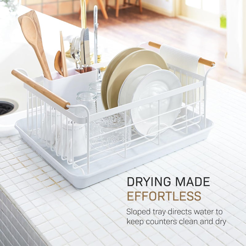 YAMAZAKI Home Dish Drying Rack â€“ Modern White Dish Rack for Kitchen Counter with Removable Drainer Tray and Cutlery Holder, Steel + Wood Dish Drying Organizer - Steel + Wood - - Image 5