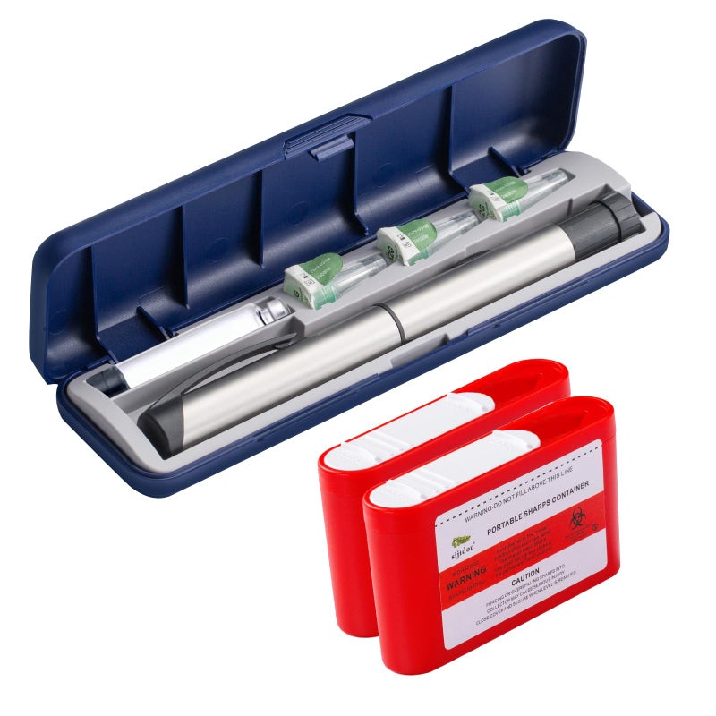 sijidou Portable Insulin Pen and Needle Travel Case Holds 1 Insulin Pen 3 Needles and 1 Insulin Cartridge with 2 Pack Pocket Sharps Container Keep Diabetic Supply Organizer Safe