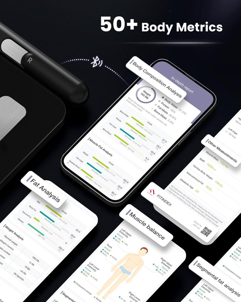 FITINDEX ميزان تكوين الجسم FITINDEX لوزن الجسم الذكي 8 أقطاب مع قياسات كتلة الدهون والعضلات BMI 50 بلوتوث - Image 5