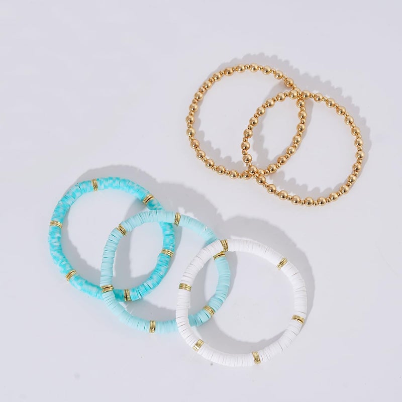 GOOJIDS Surfer Heishi Clay Bead Bracelets for Women Bohemian Stackable Gold Plated Beaded Stretch Bracelets Elastic Layering Friendship Bracelets Set Boho Jewelry - Image 2