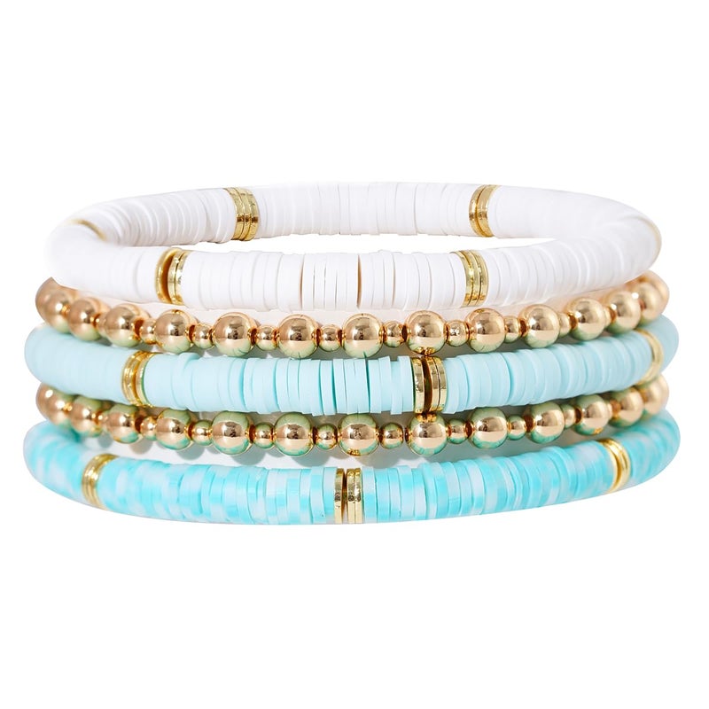 GOOJIDS Surfer Heishi Clay Bead Bracelets for Women Bohemian Stackable Gold Plated Beaded Stretch Bracelets Elastic Layering Friendship Bracelets Set Boho Jewelry - Image 1