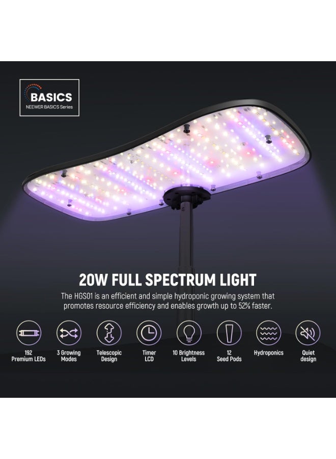 NEEWER BASICS HGS01 Hydroponic Growing System Kit – 12 Pods, 192-LED Full Spectrum Grow Light, 3 Growing Modes, LCD Touch Control, Smart Quiet Water Pump, 3.8L Water Tank, Adjustable Timer, For Herb Garden, Vegetables, Flowers & Indoor Gardening - Image 2