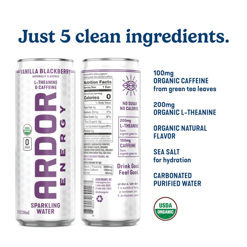 ARDOR ENERGY Sparkling Water with 100mg Natural Caffeine & 200mg L-Theanine from Organic Green Tea for Smooth Energy & Focus | Healthy Energy Drink | No Sugar, Zero Calories, Vegan, Gluten-Free | Vanilla Blackberry (Pack of 12, 12oz cans) - Image 3