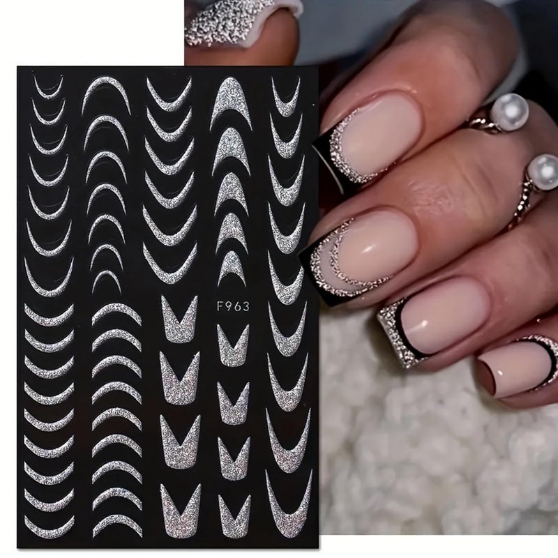 FUKIDOG 6 Sheets 3D Self-Adhesive French Tip Nail Art Stickers Decals Silver Glitter Nail Stickers Sparkly Nail Decorations Decals Curved Lines Nails Art Designs for Women DIY Nail Art Accessories - Image 3