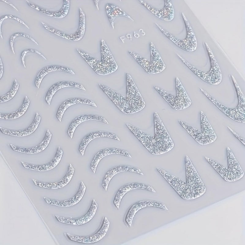 FUKIDOG 6 Sheets 3D Self-Adhesive French Tip Nail Art Stickers Decals Silver Glitter Nail Stickers Sparkly Nail Decorations Decals Curved Lines Nails Art Designs for Women DIY Nail Art Accessories - Image 5