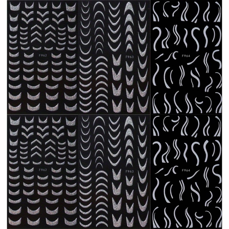 FUKIDOG 6 Sheets 3D Self-Adhesive French Tip Nail Art Stickers Decals Silver Glitter Nail Stickers Sparkly Nail Decorations Decals Curved Lines Nails Art Designs for Women DIY Nail Art Accessories - Image 4