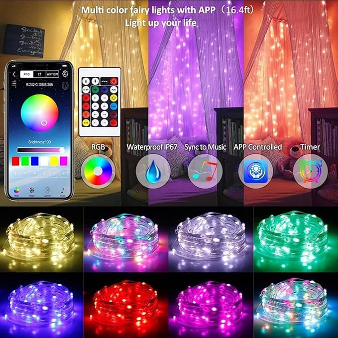 Shrux RGB USB Twinkle Smart Fairy Light10Meter Long USB Curtain String Light with Smart Bluetooth Connect Mobile App Operate Remote Operate Waterproof Decorative Light to Sync with Music - Image 2