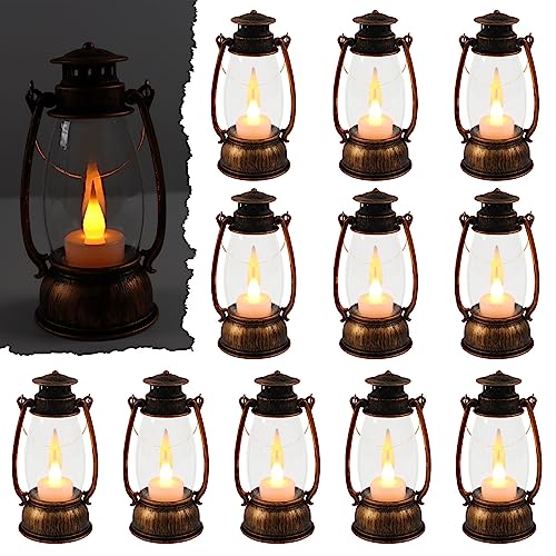Reperla 12Pcs Mini Lantern Decorative with Flickering LED Candle, 6Inch Small Western Lantern for Table Centerpiece, Vintage Hanging Candle Holders for Western Halloween Camping Party Decor (Brown) - Image 1
