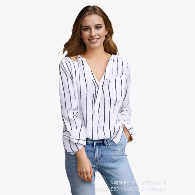 Women's Striped Shirt Loose Long Sleeve Half Placket Button Up Top - Image 2
