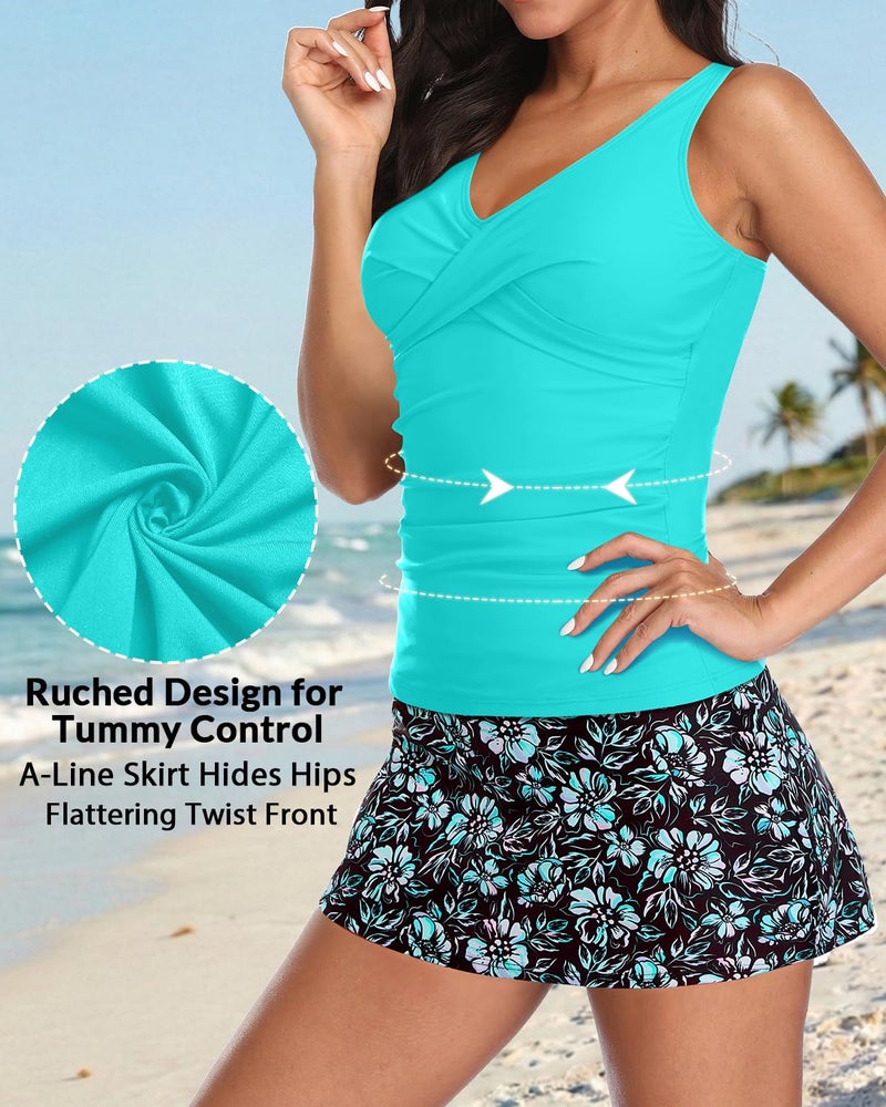 Talisea Womens Tankini Bathing Suits with Skirt Two Piece Tummy Control Swimsuits Ladies Swimwear Aqua and Flower M - Image 3