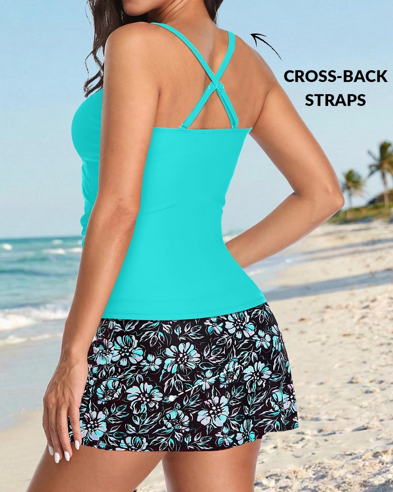 Talisea Womens Tankini Bathing Suits with Skirt Two Piece Tummy Control Swimsuits Ladies Swimwear Aqua and Flower M - Image 2