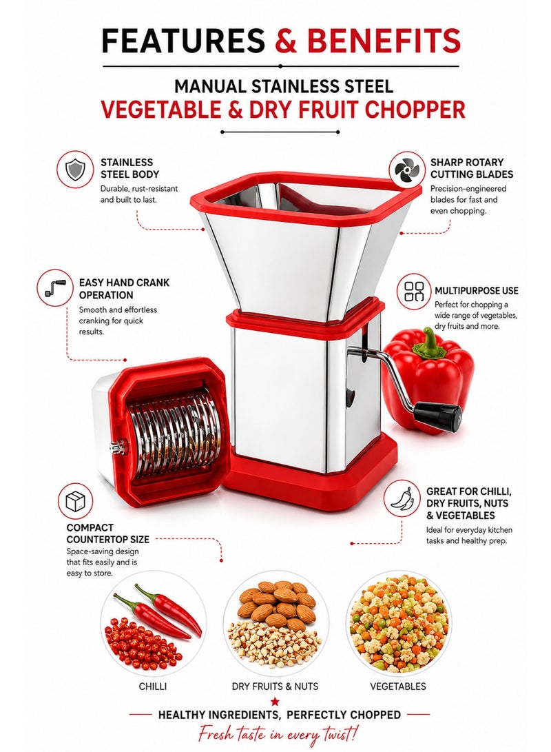 Manual Chilli Cutter & Vegetable Chopper with Stainless Steel Blades, Handle & Container – Multipurpose Onion, Garlic, Capsicum, Dry Fruit & Nut Cutter for Kitchen - Image 4