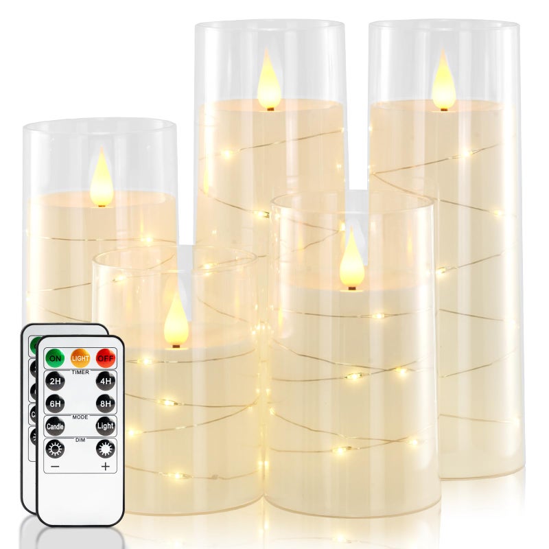 Homemory Pure White Flameless Candles with Embedded Star String Fairy Lights Battery Operated Candle LED Candles Fake Candles with Remote Control and Timer Set of 5H45688 - Image 2