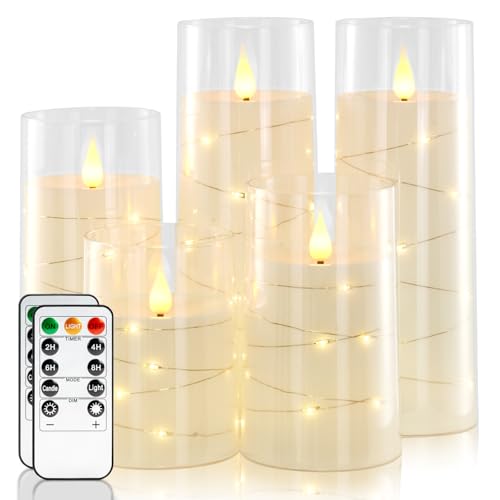 Homemory Pure White Flameless Candles with Embedded Star String Fairy Lights Battery Operated Candle LED Candles Fake Candles with Remote Control and Timer Set of 5H45688 - Image 1