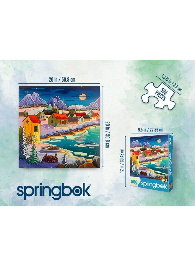 Springbok Moonlit Winter Village 500 Piece Puzzle for Adults - Peaceful Winter Puzzle Featuring a Cozy Snowy Village by a Moonlit Lake - Image 5
