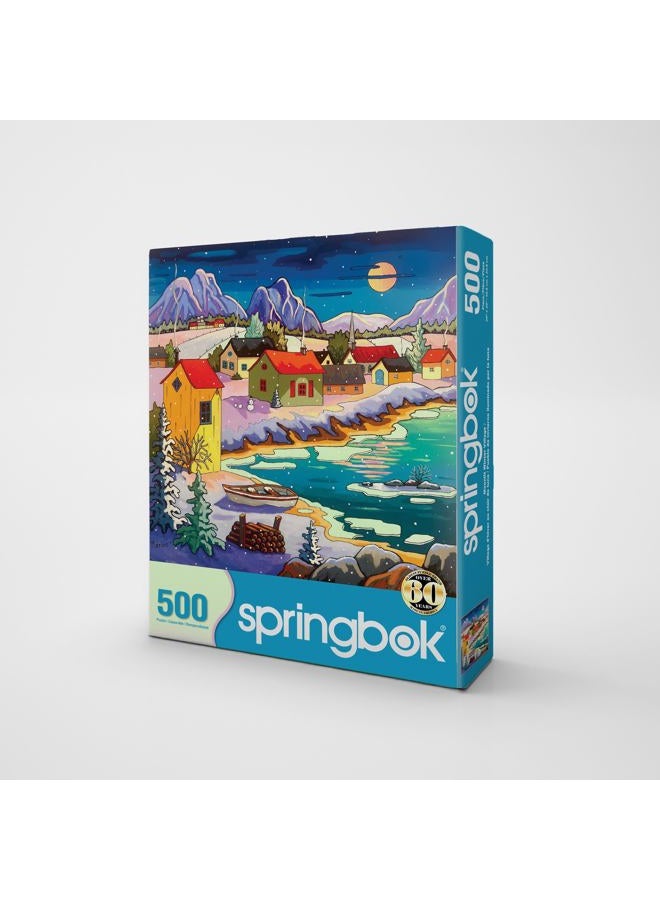 Springbok Moonlit Winter Village 500 Piece Puzzle for Adults - Peaceful Winter Puzzle Featuring a Cozy Snowy Village by a Moonlit Lake - Image 2
