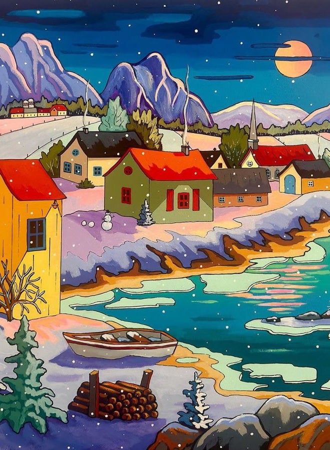 Springbok Moonlit Winter Village 500 Piece Puzzle for Adults - Peaceful Winter Puzzle Featuring a Cozy Snowy Village by a Moonlit Lake - Image 1
