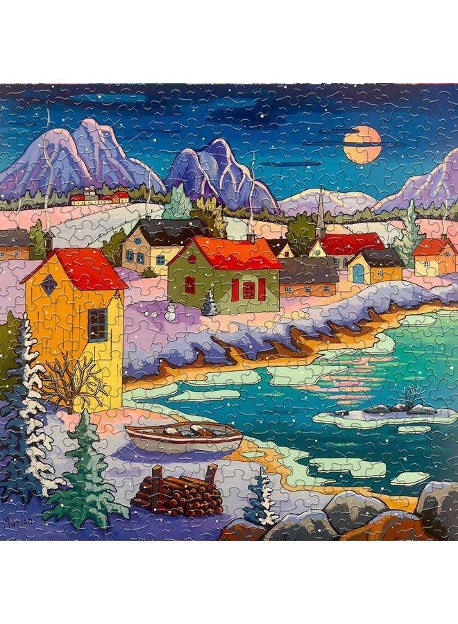 Springbok Moonlit Winter Village 500 Piece Puzzle for Adults - Peaceful Winter Puzzle Featuring a Cozy Snowy Village by a Moonlit Lake - Image 4